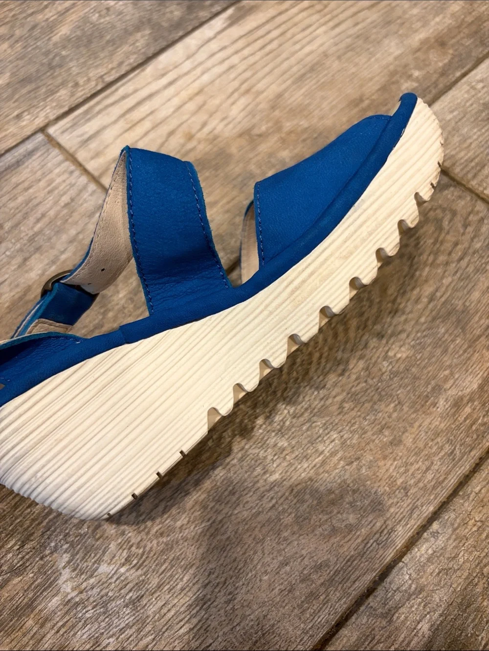 Fly London Yesk Blue Wedge Sandals with Ankle Strap size 37 US 6-6.5